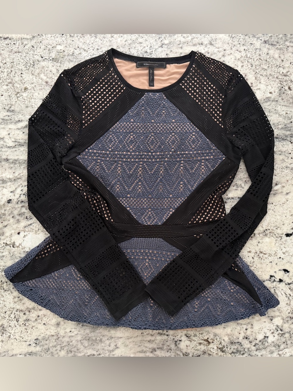 BCBGMaxAzria Black and Blue Lace-Inset Long Sleeve Peplum Top